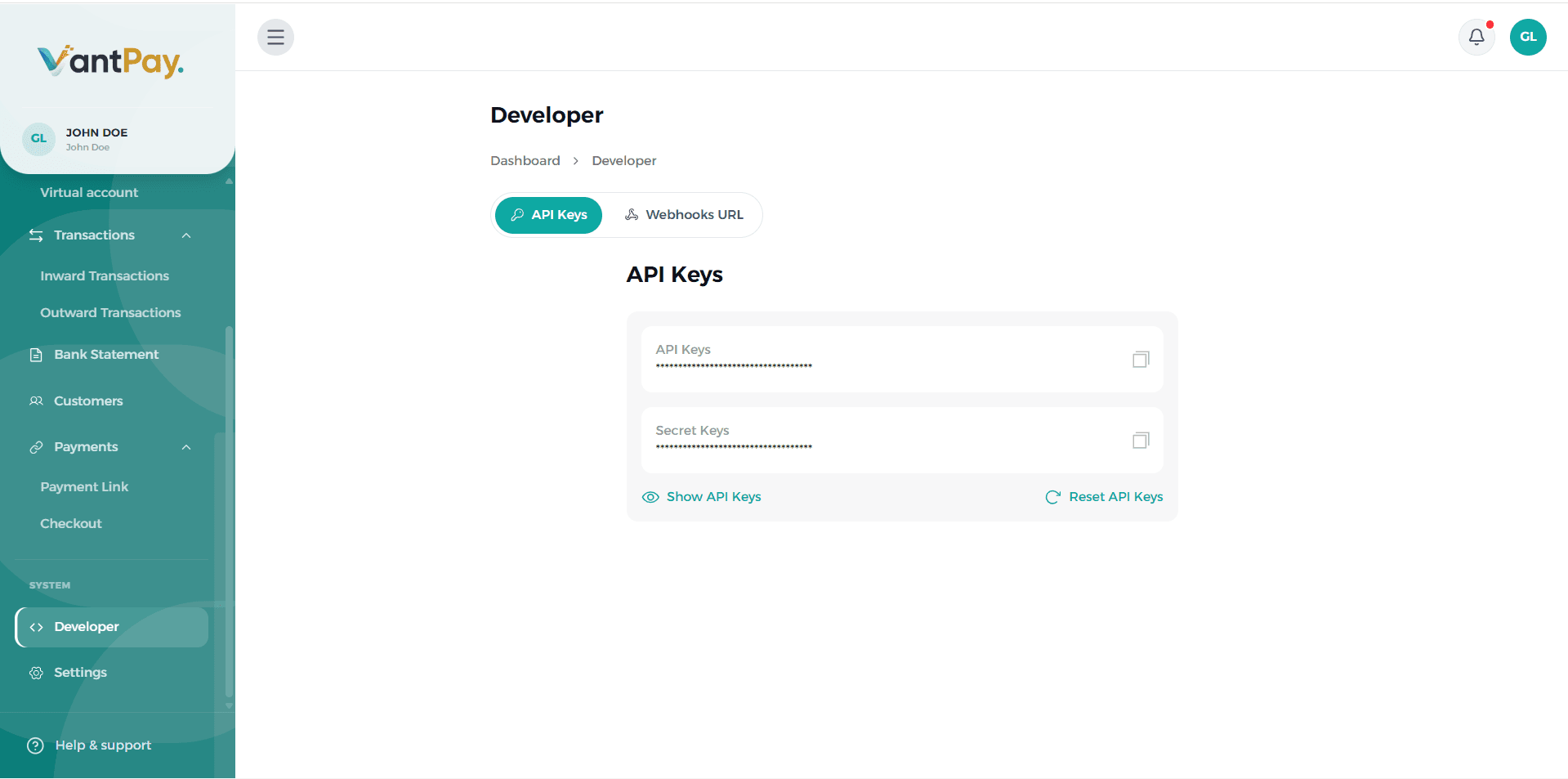 VantPay Dashboard Screenshot