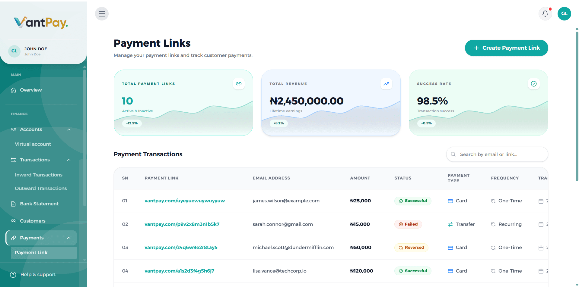 VantPay Dashboard Screenshot